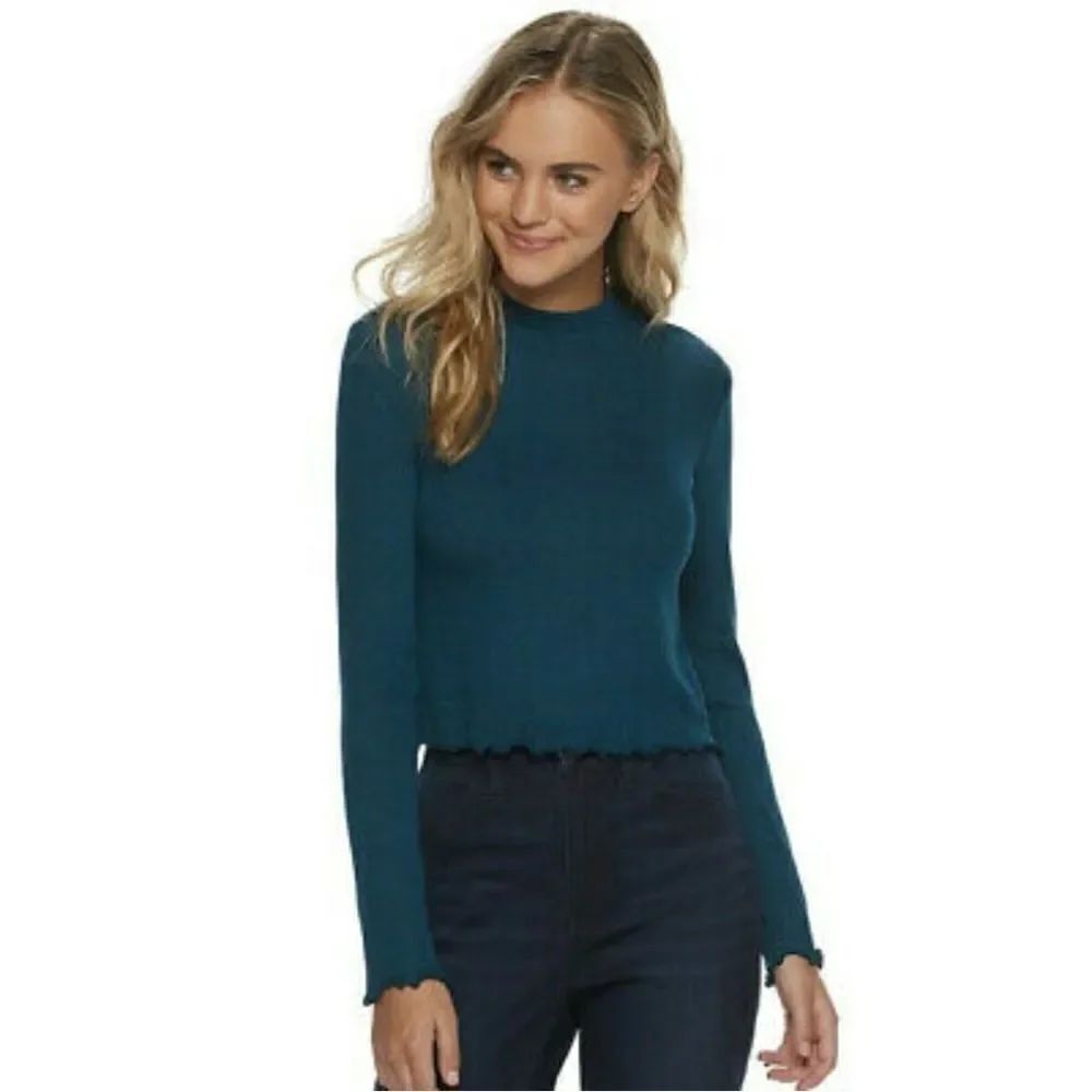 SO Women's Teal Blue Lettuce Edge Waffle Knit Long Sleeve Top